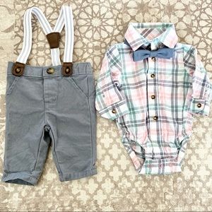 Baby boys Newborn dressy plaid onesie with bow tie and suspenders Easter outfit